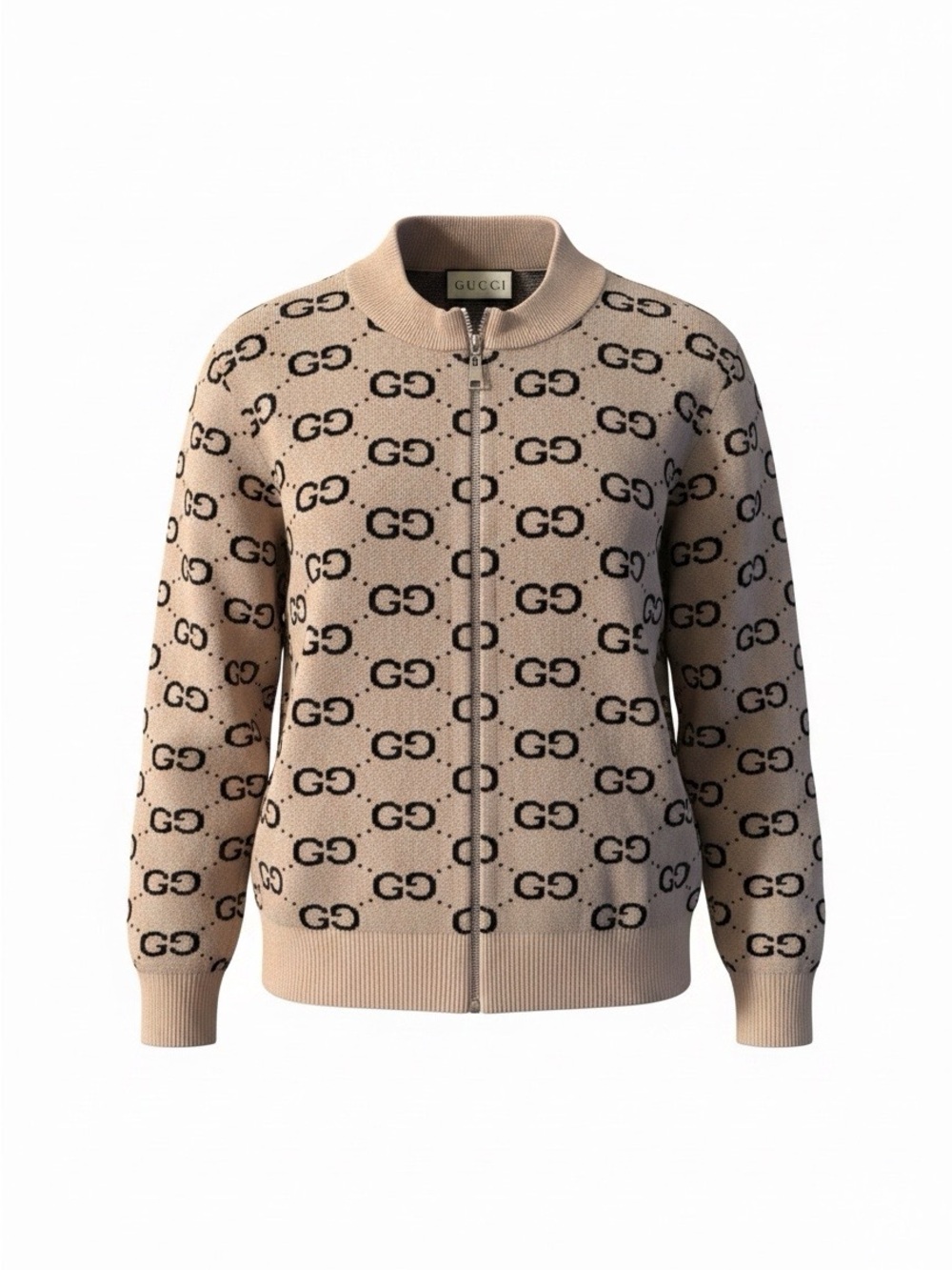 Gucci Beige GG-Pattern Zip Bomber Jacket